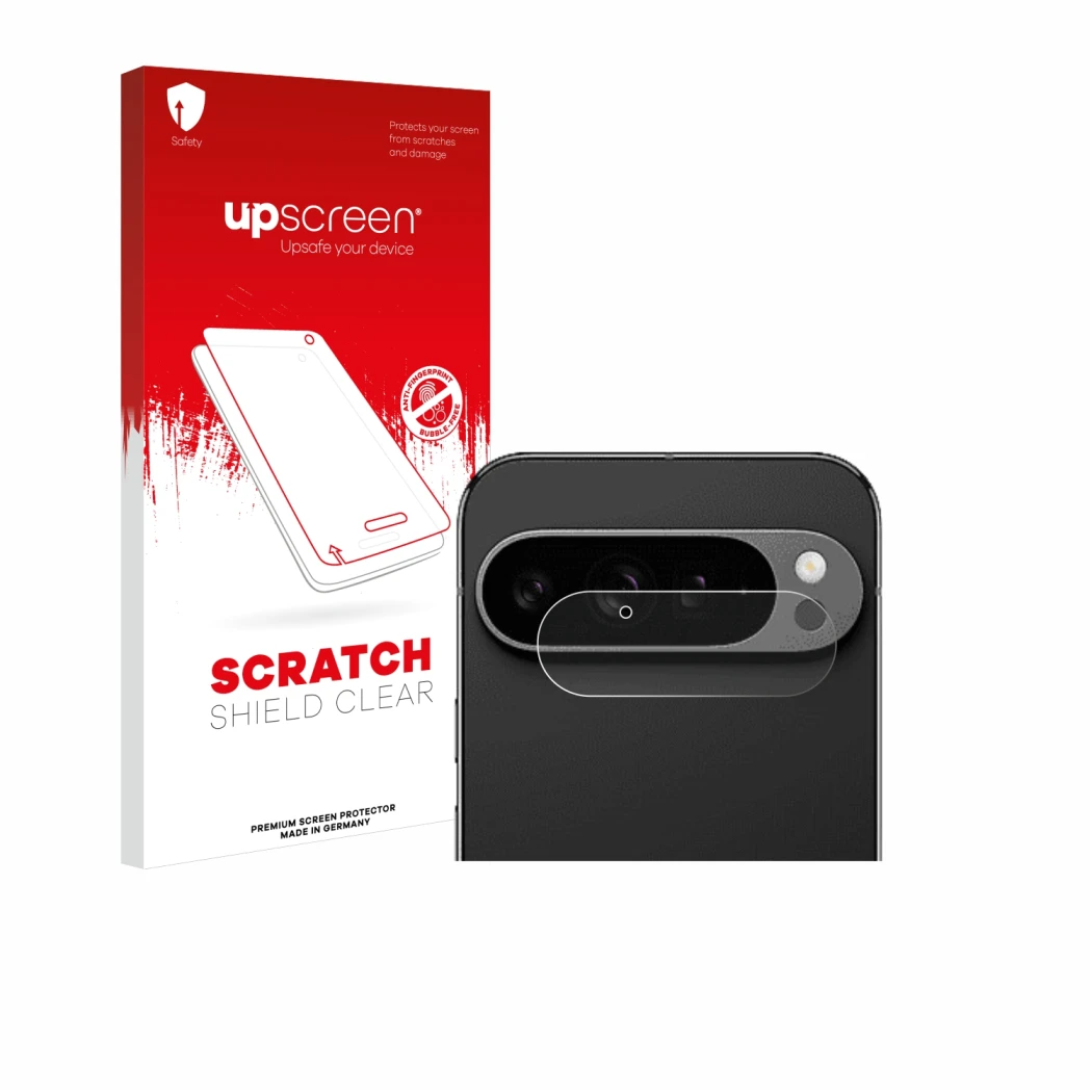 Parte frontal de un envase de producto con el logotipo de la marca upscreen. Al lado se muestra el dispositivo Google Pixel 9 