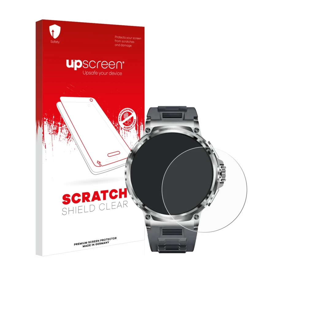 Parte frontal de un envase de producto con el logotipo de la marca upscreen. Al lado se muestra el dispositivo Smartwatch V69