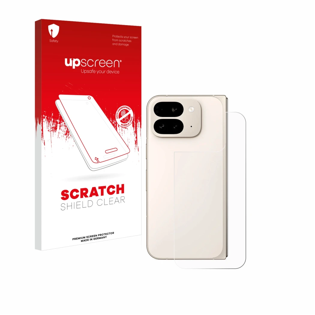 Parte frontal de un envase de producto con el logotipo de la marca upscreen. Al lado se muestra el dispositivo Google Pixel 9