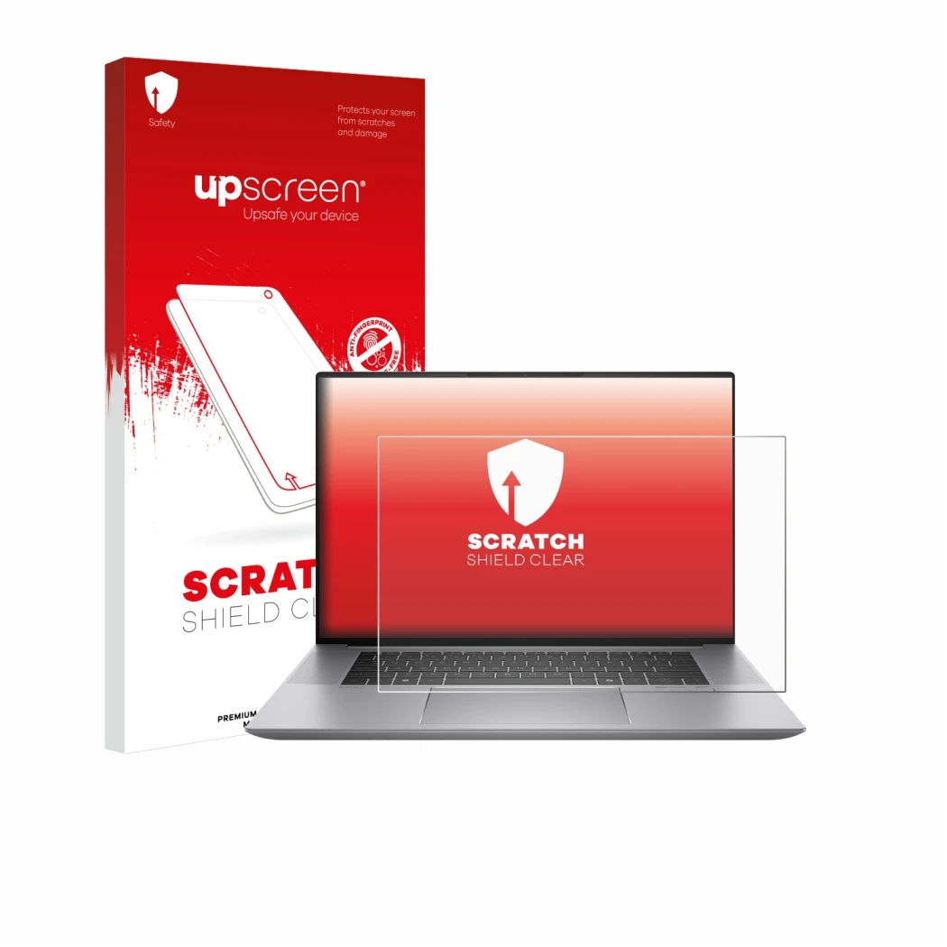 Parte frontal de un envase de producto con el logotipo de la marca upscreen. Al lado se muestra el dispositivo HP Zbook Studio