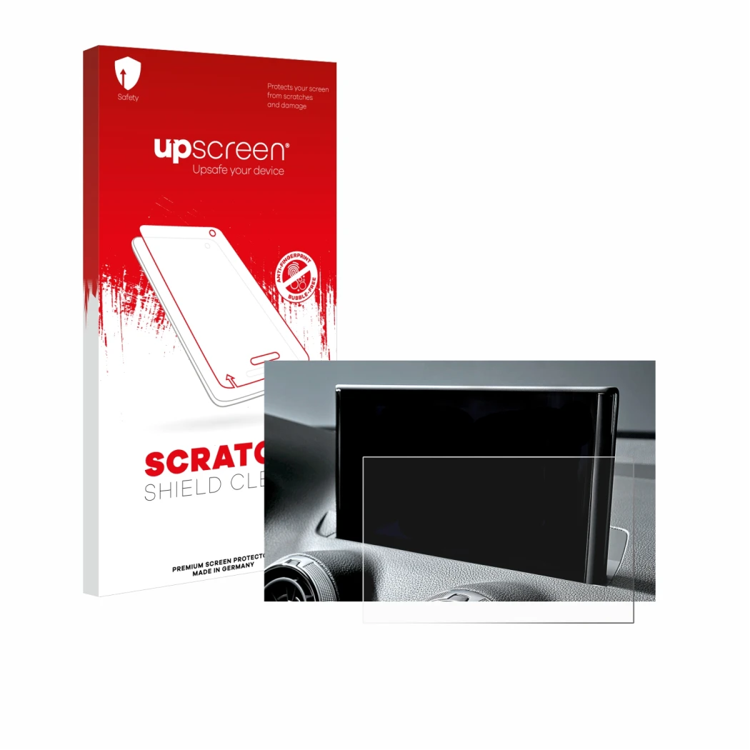 Parte frontal de un envase de producto con el logotipo de la marca upscreen. Al lado se muestra el dispositivo Audi Q2 Facelif