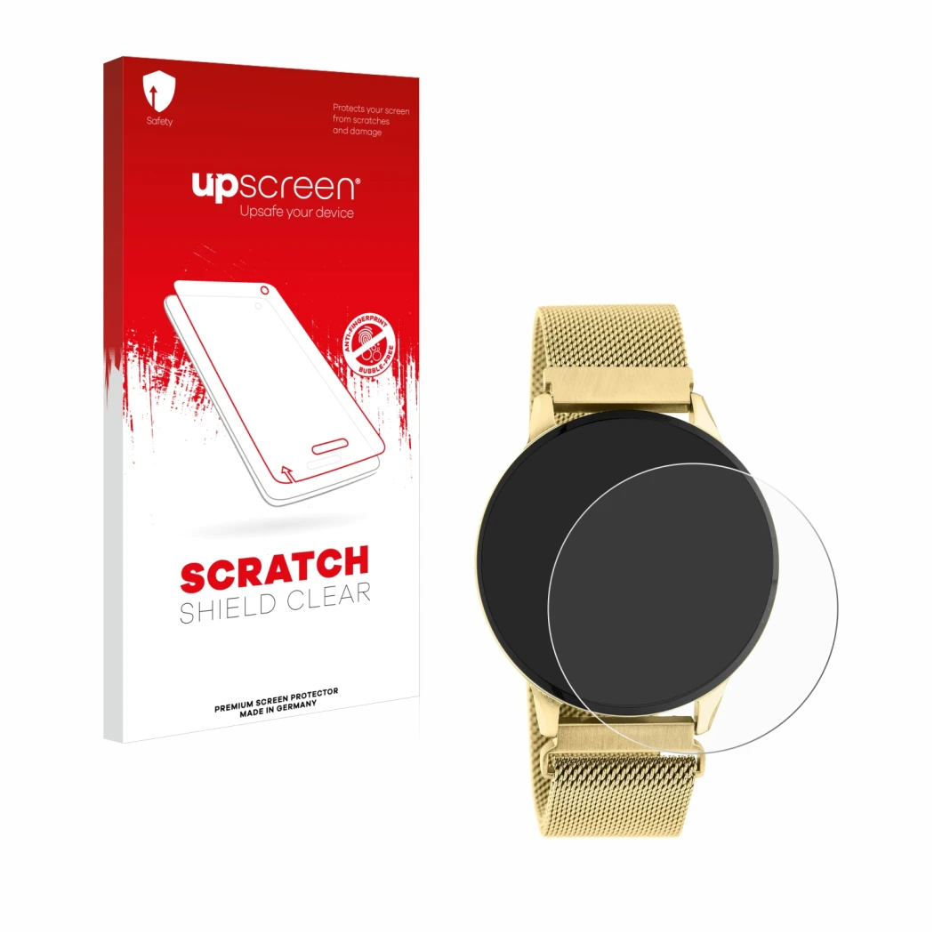 Parte frontal de un envase de producto con el logotipo de la marca upscreen. Al lado se muestra el dispositivo Oozoo Q00121 co