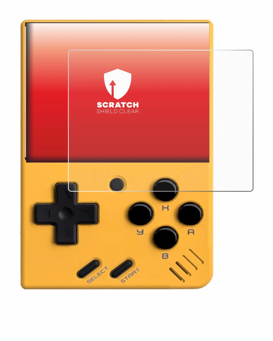 Imagen del dispositivo Miyoo Mini V4 con una amplia variedad de protectores de pantalla.