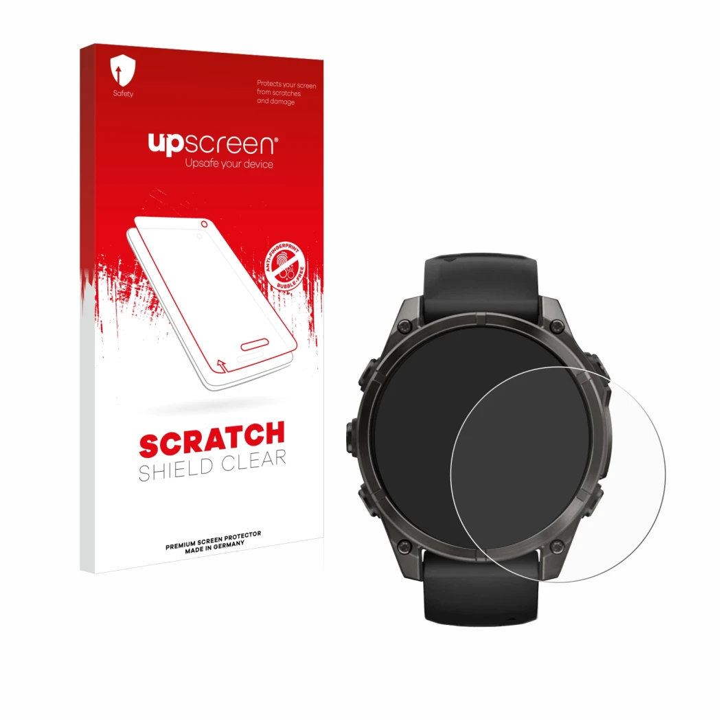 Parte frontal de un envase de producto con el logotipo de la marca upscreen. Al lado se muestra el dispositivo Garmin Fenix 8