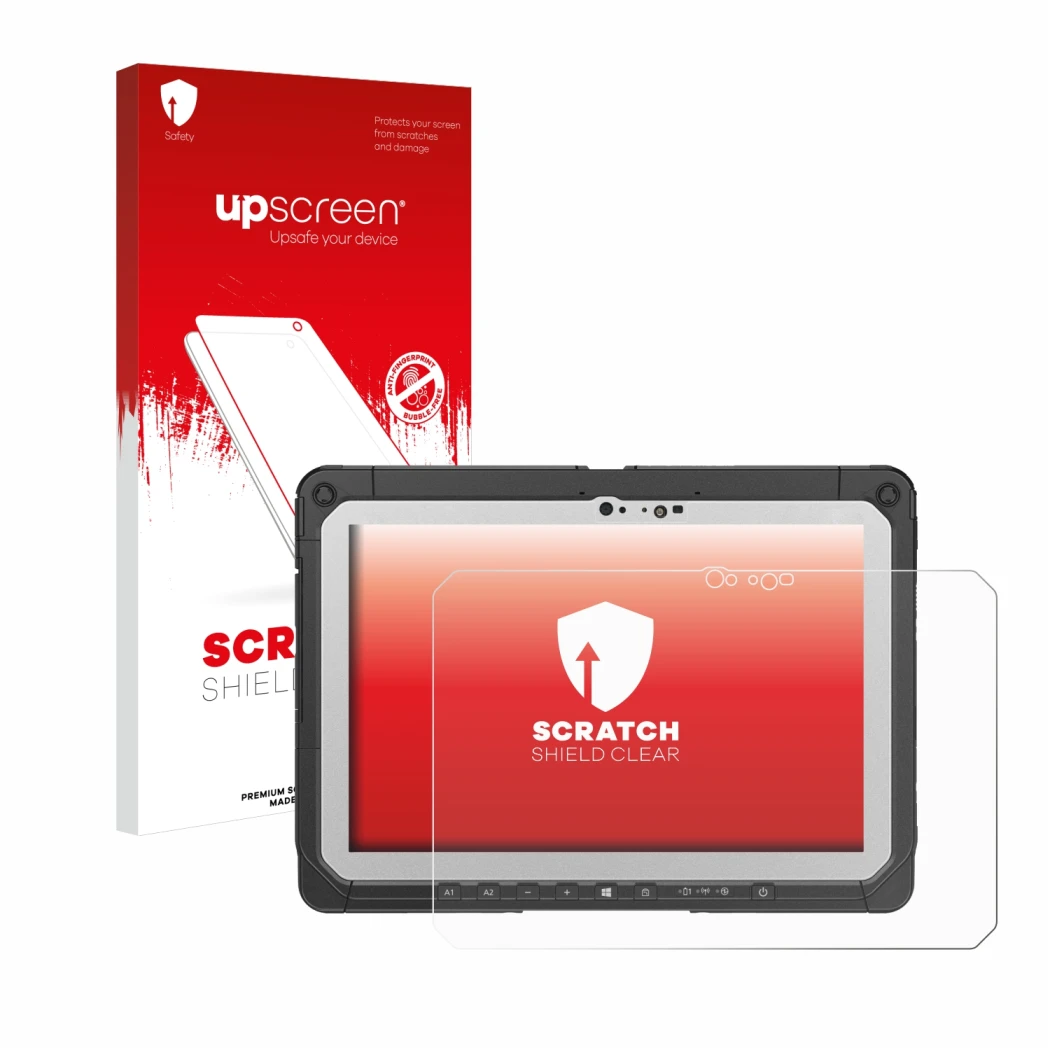 Parte frontal de un envase de producto con el logotipo de la marca upscreen. Al lado se muestra el dispositivo Panasonic Tough