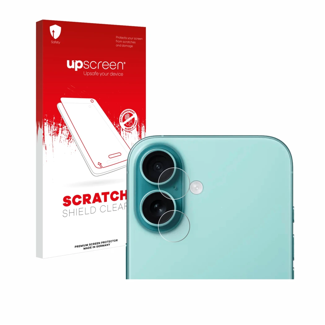 Parte frontal de un envase de producto con el logotipo de la marca upscreen. Al lado se muestra el dispositivo Apple iPhone 16