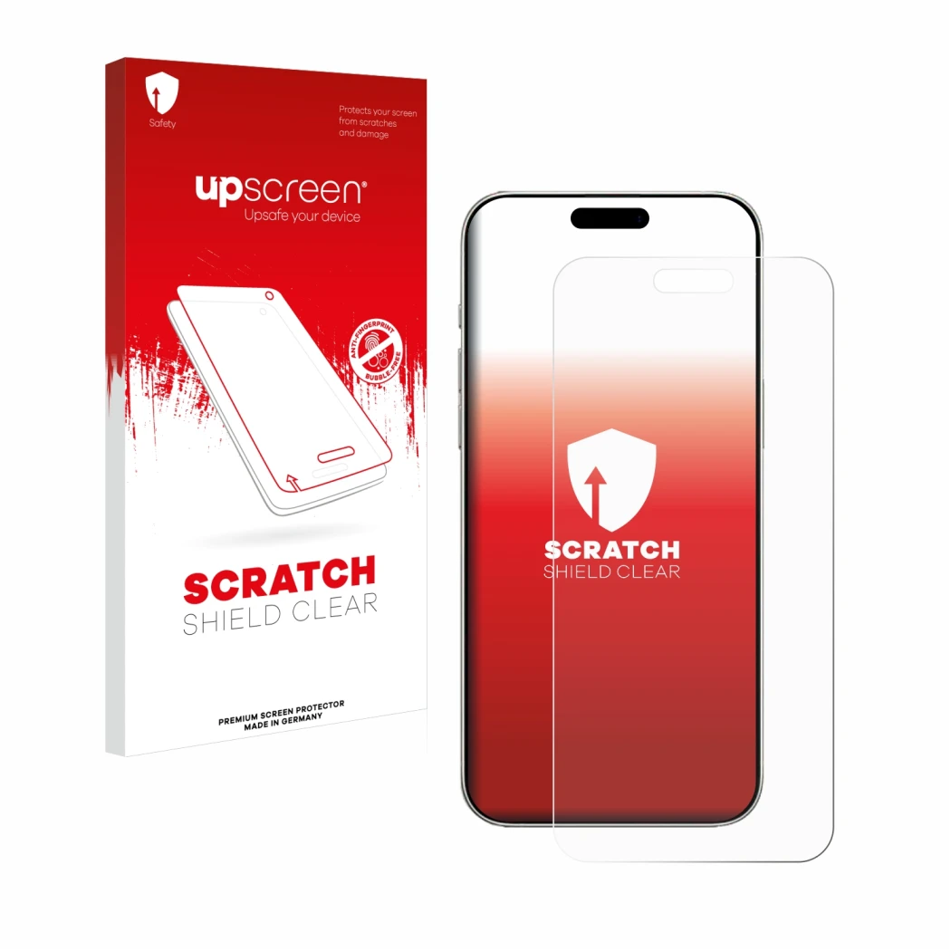 Parte frontal de un envase de producto con el logotipo de la marca upscreen. Al lado se muestra el dispositivo Apple iPhone 16