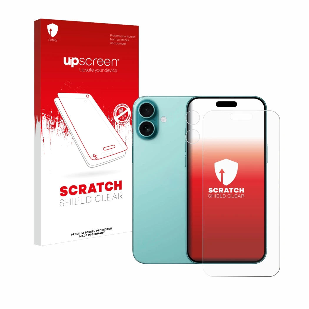 Parte frontal de un envase de producto con el logotipo de la marca upscreen. Al lado se muestra el dispositivo Apple iPhone 16