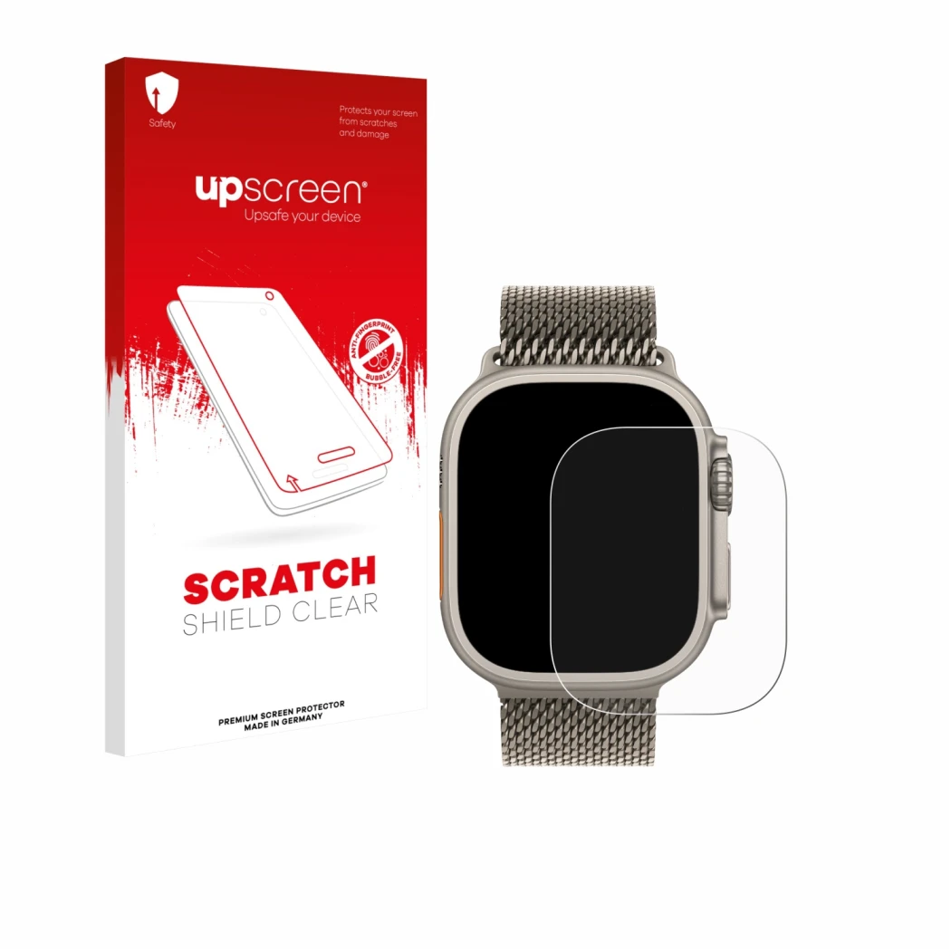 Parte frontal de un envase de producto con el logotipo de la marca upscreen. Al lado se muestra el dispositivo Apple Watch Ult