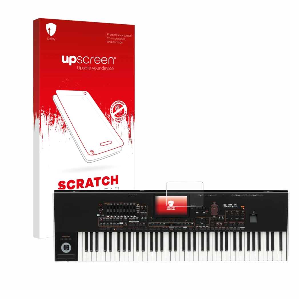 Parte frontal de un envase de producto con el logotipo de la marca upscreen. Al lado se muestra el dispositivo KORG Pa4x con s