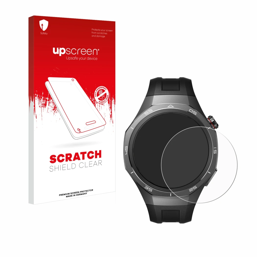 Parte frontal de un envase de producto con el logotipo de la marca upscreen. Al lado se muestra el dispositivo Huawei Watch GT