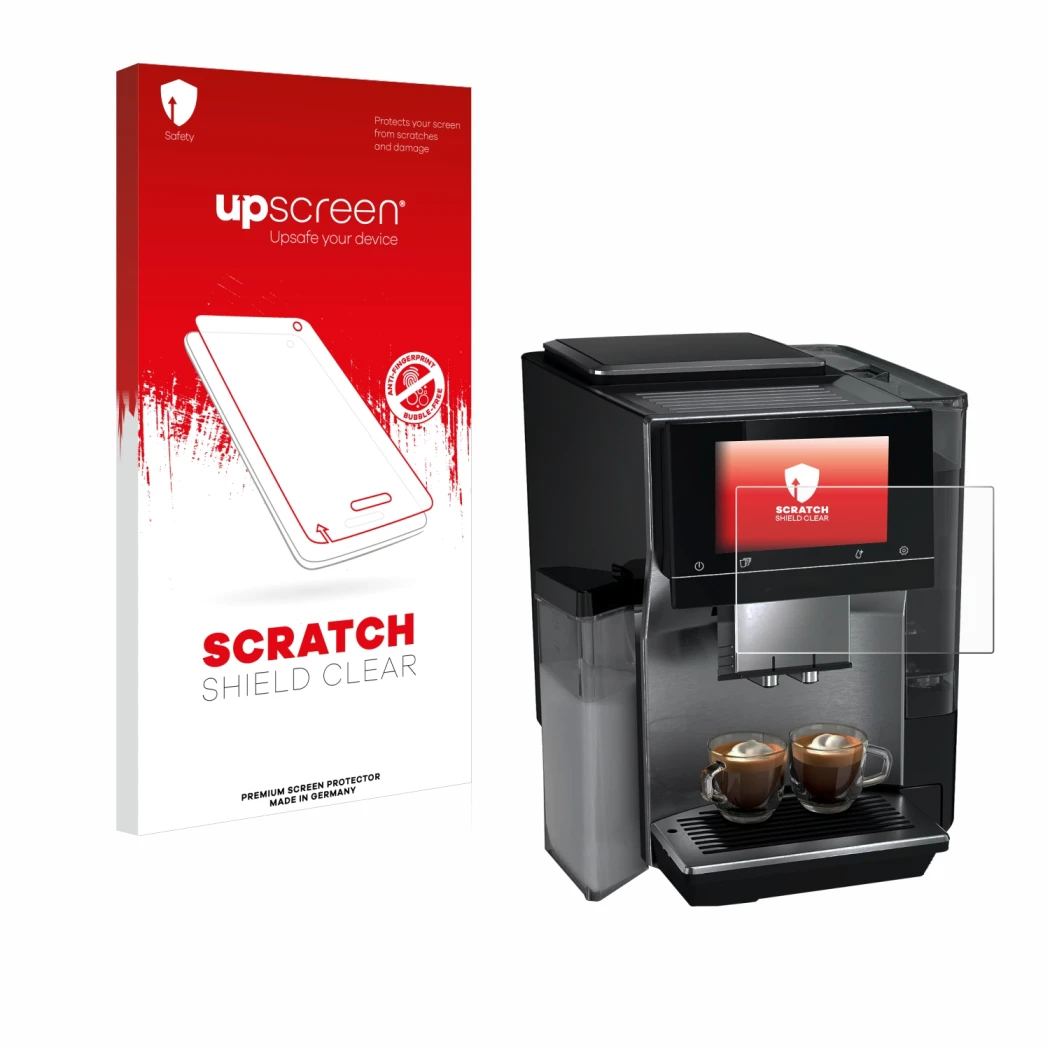 Parte frontal de un envase de producto con el logotipo de la marca upscreen. Al lado se muestra el dispositivo Siemens EQ700 c