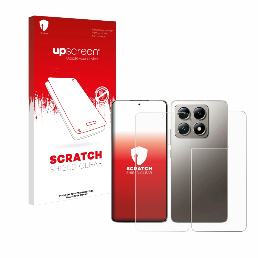 Parte frontal de un envase de producto con el logotipo de la marca upscreen. Al lado se muestra el dispositivo Xiaomi 14T (Fro