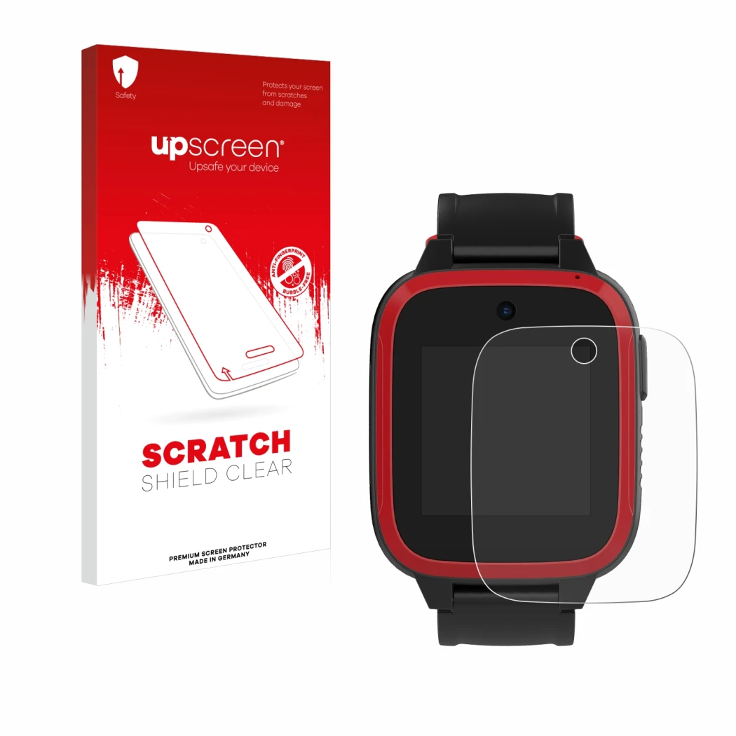 Parte frontal de un envase de producto con el logotipo de la marca upscreen. Al lado se muestra el dispositivo Xplora Let's Go
