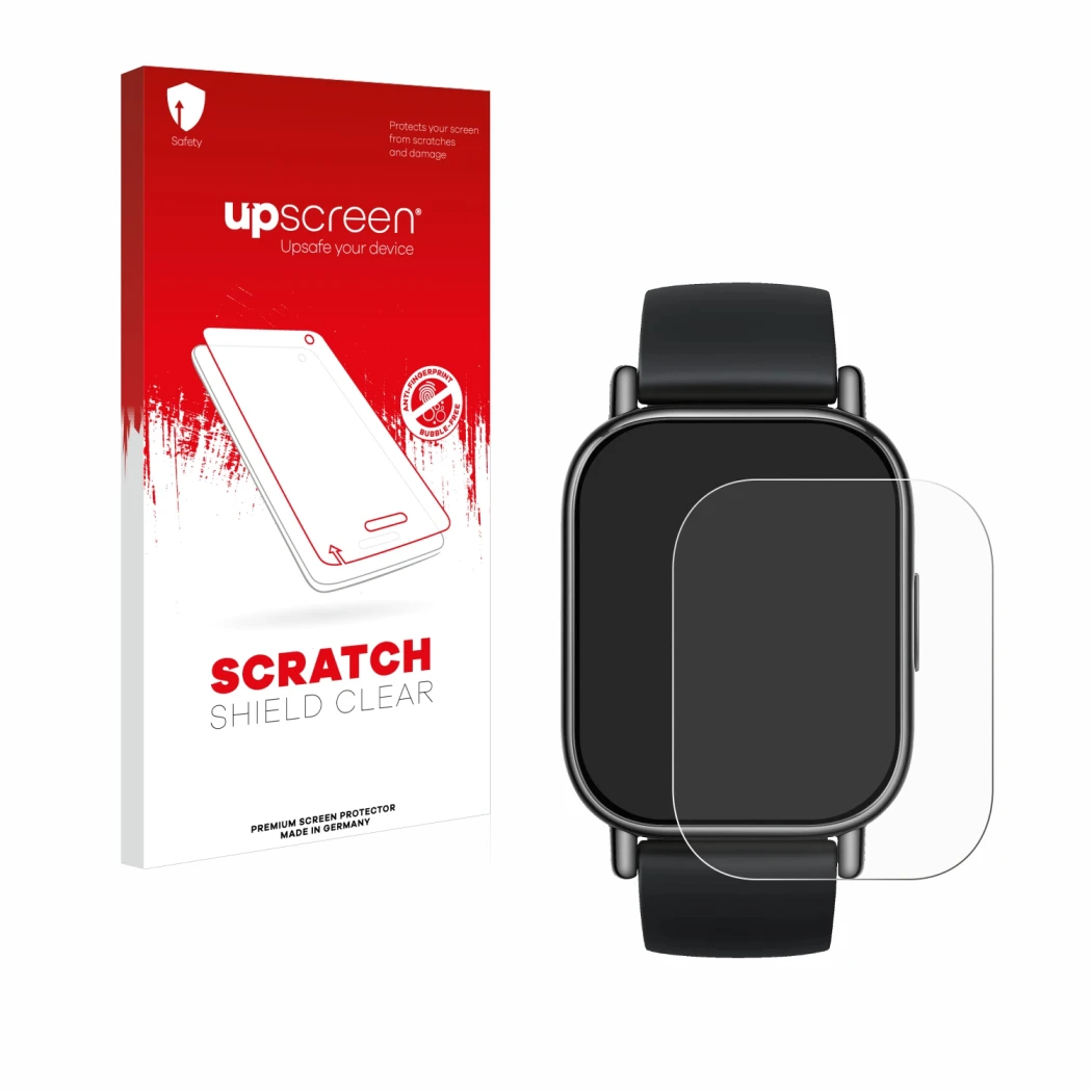 Parte frontal de un envase de producto con el logotipo de la marca upscreen. Al lado se muestra el dispositivo Xiaomi Redmi Wa