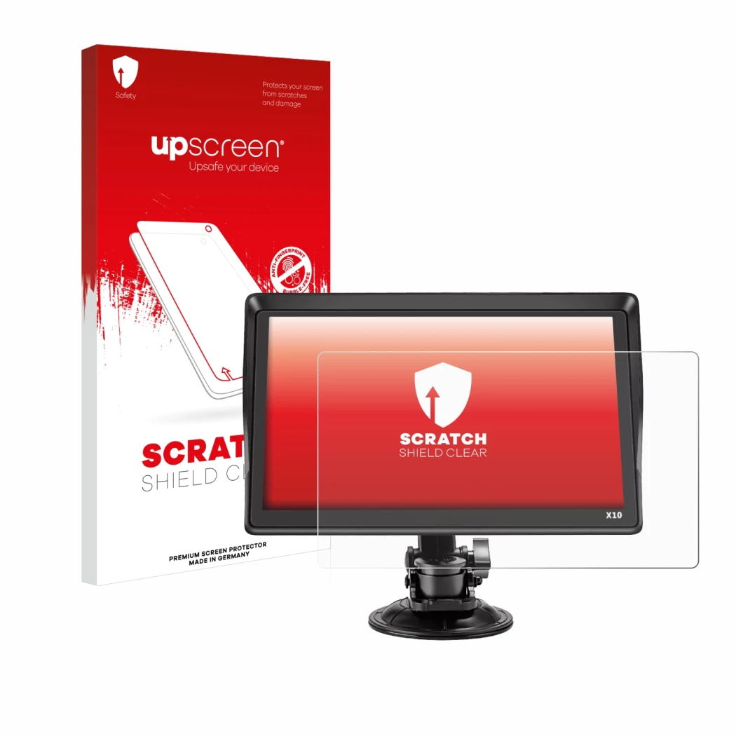 Parte frontal de un envase de producto con el logotipo de la marca upscreen. Al lado se muestra el dispositivo Xgody X10 9