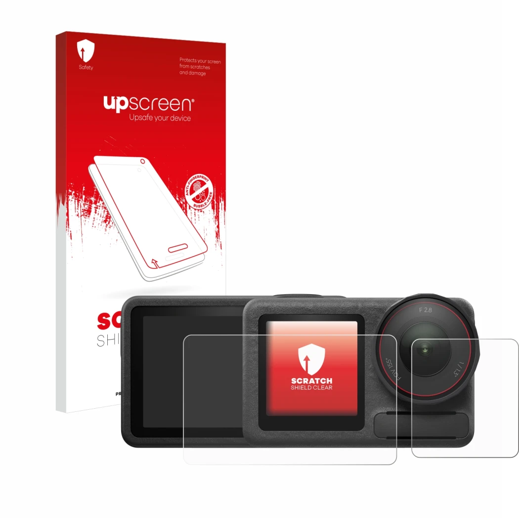 Parte frontal de un envase de producto con el logotipo de la marca upscreen. Al lado se muestra el dispositivo DJI Osmo Action