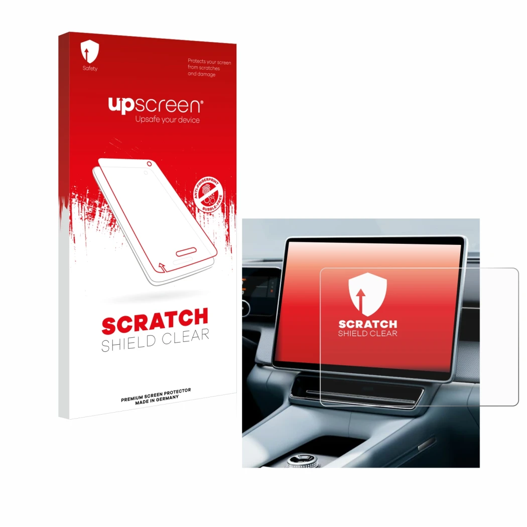 Parte frontal de un envase de producto con el logotipo de la marca upscreen. Al lado se muestra el dispositivo Polestar 4 2025