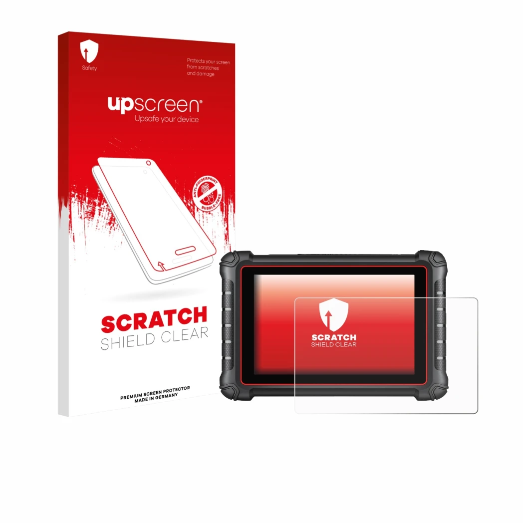 Parte frontal de un envase de producto con el logotipo de la marca upscreen. Al lado se muestra el dispositivo Autel MK900BT c