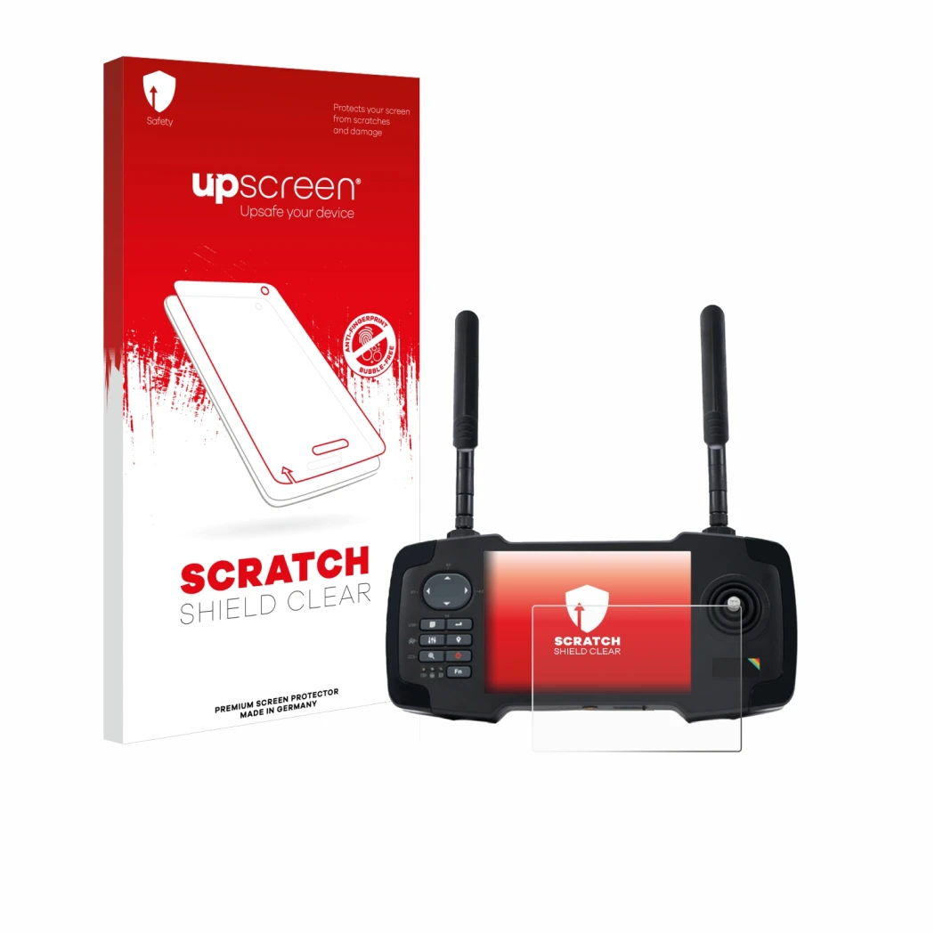 Parte frontal de un envase de producto con el logotipo de la marca upscreen. Al lado se muestra el dispositivo Toslon XR500 co
