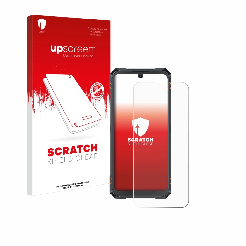 Parte frontal de un envase de producto con el logotipo de la marca upscreen. Al lado se muestra el dispositivo Cubot King Kong