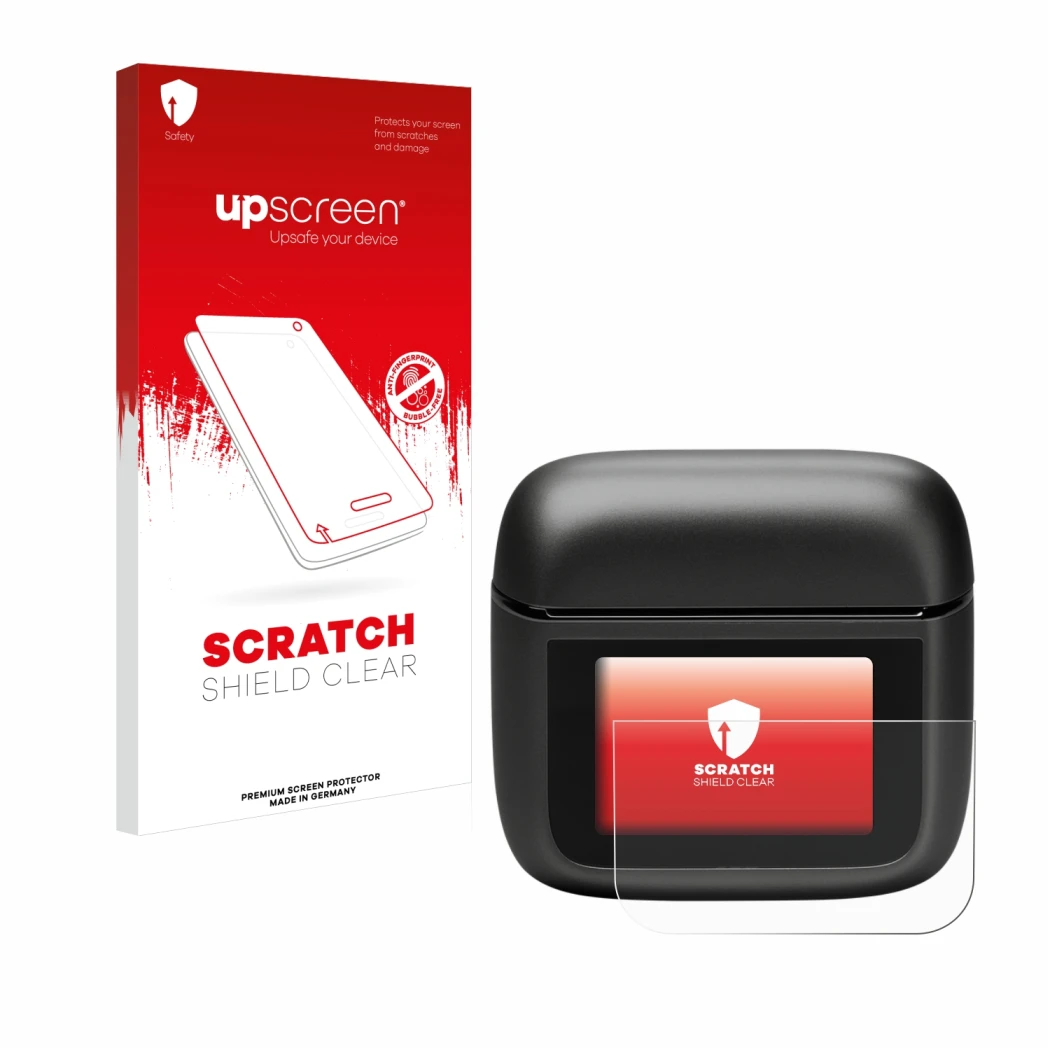Parte frontal de un envase de producto con el logotipo de la marca upscreen. Al lado se muestra el dispositivo JBL Tour Pro 3