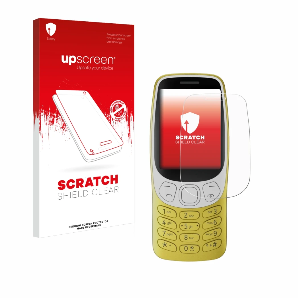 Parte frontal de un envase de producto con el logotipo de la marca upscreen. Al lado se muestra el dispositivo Nokia 3210 con