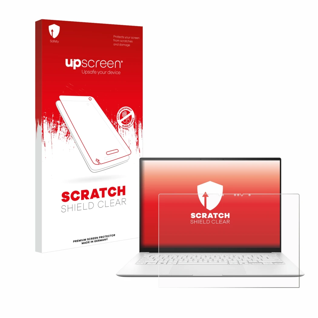 Parte frontal de un envase de producto con el logotipo de la marca upscreen. Al lado se muestra el dispositivo ASUS ZenBook S 