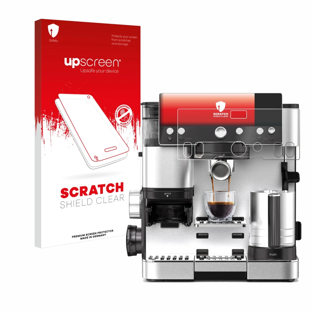 Parte frontal de un envase de producto con el logotipo de la marca upscreen. Al lado se muestra el dispositivo Ninja Luxe Cafe