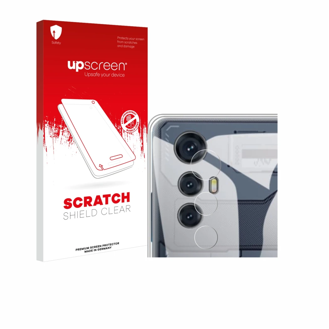 Parte frontal de un envase de producto con el logotipo de la marca upscreen. Al lado se muestra el dispositivo Cubot Max 5 (SÓ