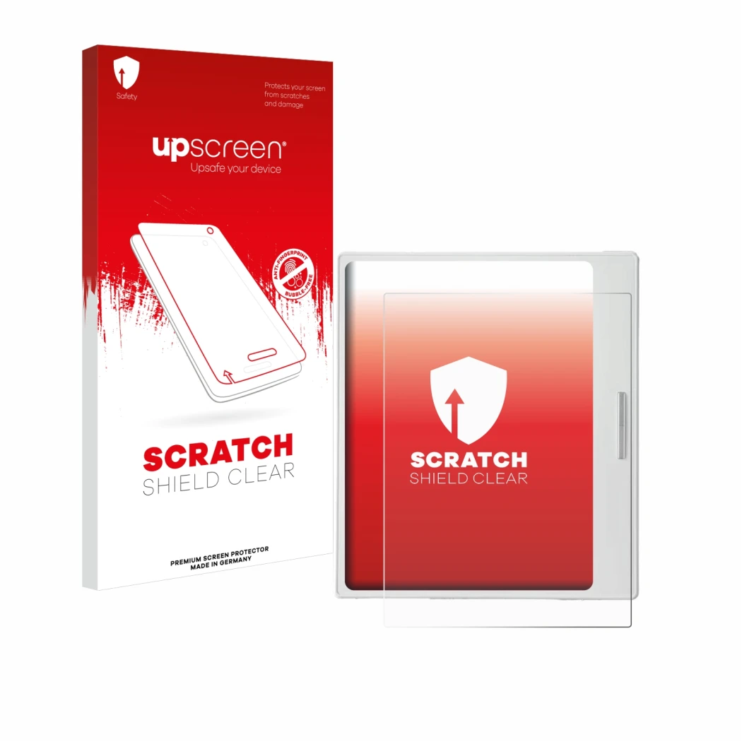 Parte frontal de un envase de producto con el logotipo de la marca upscreen. Al lado se muestra el dispositivo Boox Go Color 7