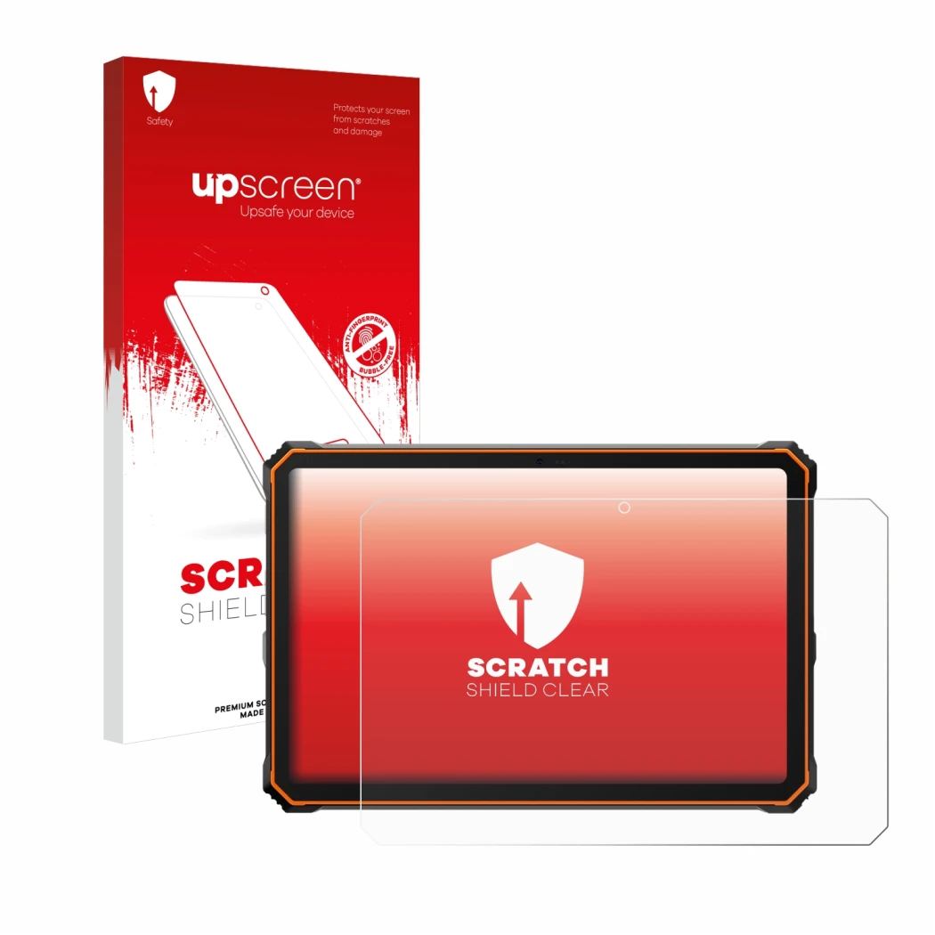 Parte frontal de un envase de producto con el logotipo de la marca upscreen. Al lado se muestra el dispositivo Blackview Activ