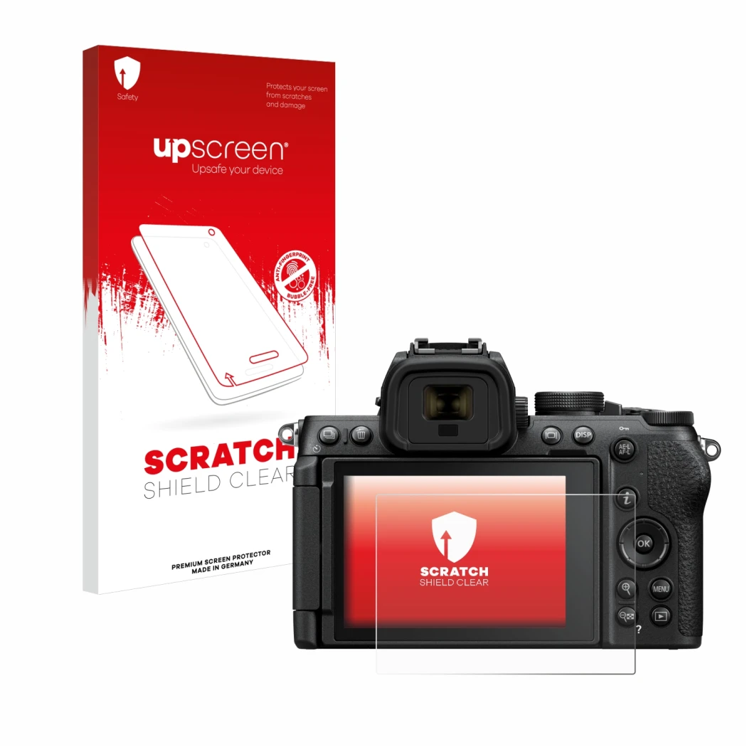 Parte frontal de un envase de producto con el logotipo de la marca upscreen. Al lado se muestra el dispositivo Nikon Z50 II co