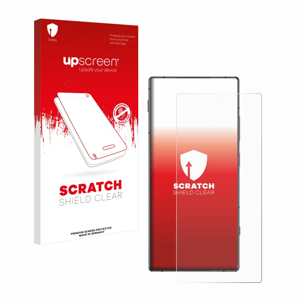 Parte frontal de un envase de producto con el logotipo de la marca upscreen. Al lado se muestra el dispositivo Nubia Z70 Ultra