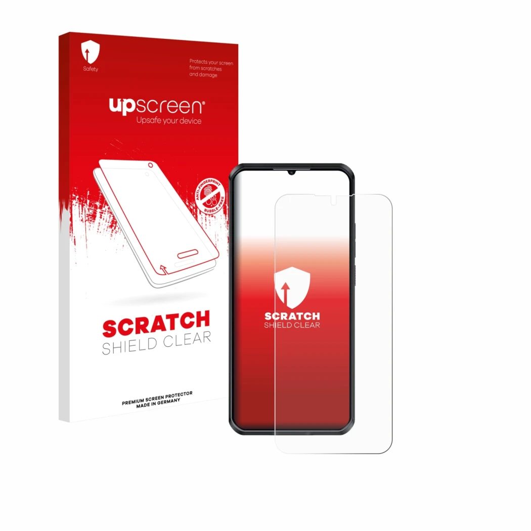 Parte frontal de un envase de producto con el logotipo de la marca upscreen. Al lado se muestra el dispositivo Oukitel WP52 co