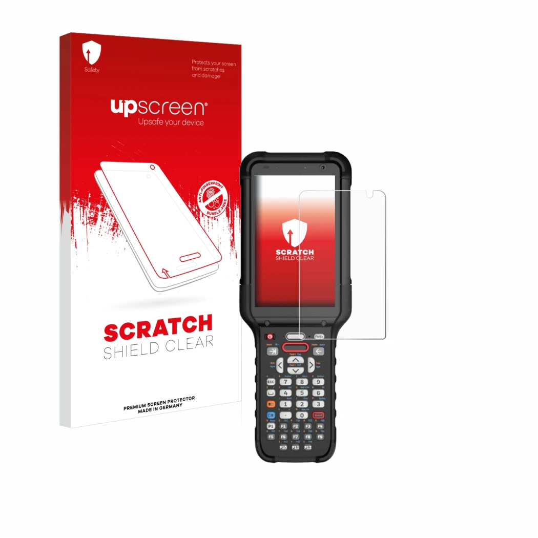 Parte frontal de un envase de producto con el logotipo de la marca upscreen. Al lado se muestra el dispositivo Honeywell CK67