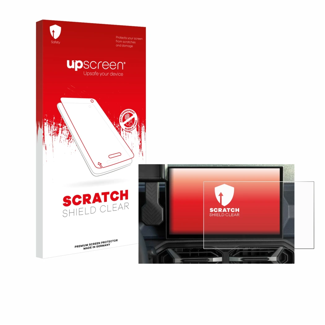 Parte frontal de un envase de producto con el logotipo de la marca upscreen. Al lado se muestra el dispositivo Dacia Duster In