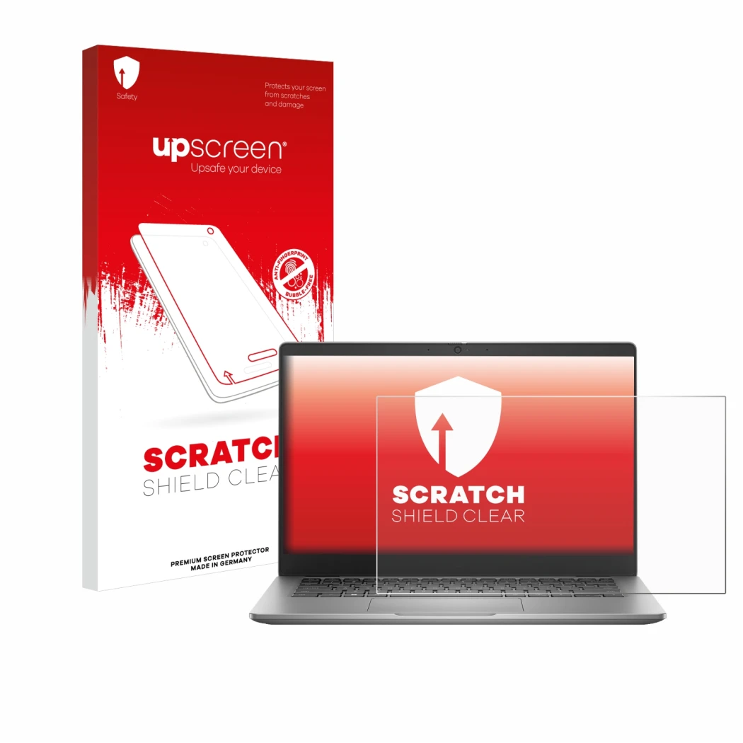 Parte frontal de un envase de producto con el logotipo de la marca upscreen. Al lado se muestra el dispositivo Dell Latitude 3