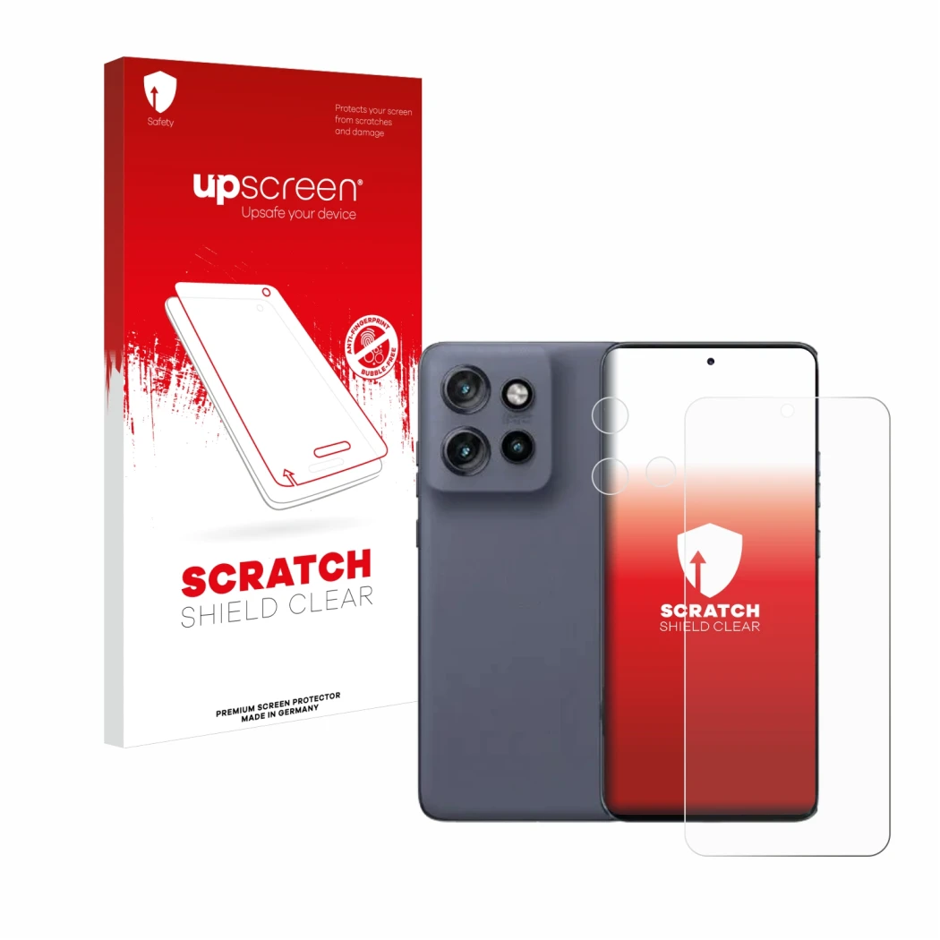 Parte frontal de un envase de producto con el logotipo de la marca upscreen. Al lado se muestra el dispositivo Motorola Edge 5