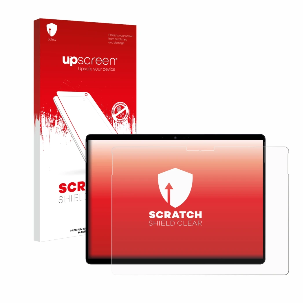 Parte frontal de un envase de producto con el logotipo de la marca upscreen. Al lado se muestra el dispositivo Chuwi Hi10 Max