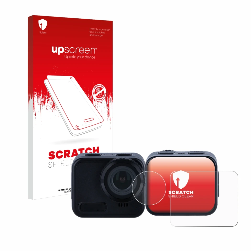 Parte frontal de un envase de producto con el logotipo de la marca upscreen. Al lado se muestra el dispositivo Rollei 9s Cube 