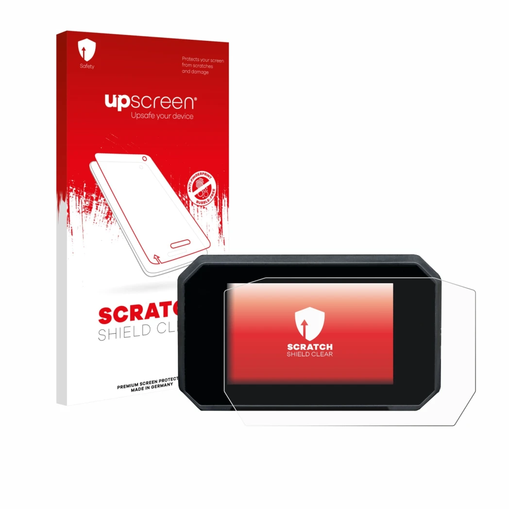 Parte frontal de un envase de producto con el logotipo de la marca upscreen. Al lado se muestra el dispositivo Suzuki GSX-S100
