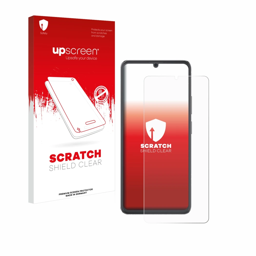 Parte frontal de un envase de producto con el logotipo de la marca upscreen. Al lado se muestra el dispositivo Cubot A20 con s