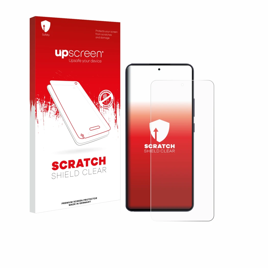 Parte frontal de un envase de producto con el logotipo de la marca upscreen. Al lado se muestra el dispositivo Oppo Reno 13 F