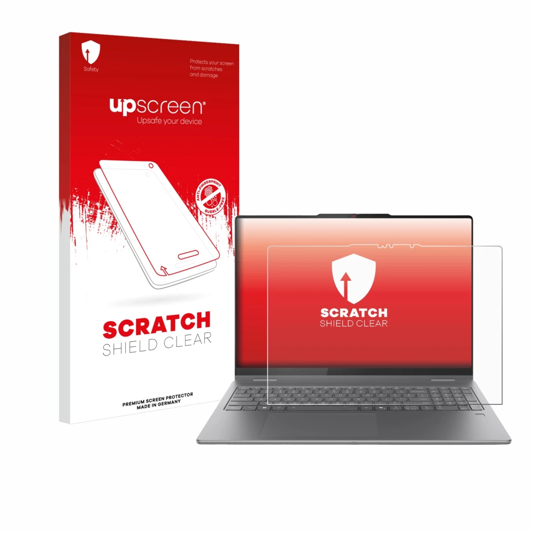 Parte frontal de un envase de producto con el logotipo de la marca upscreen. Al lado se muestra el dispositivo Lenovo Yoga 7 2