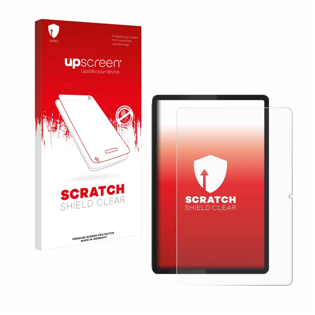 Parte frontal de un envase de producto con el logotipo de la marca upscreen. Al lado se muestra el dispositivo Lenovo Tab 2025