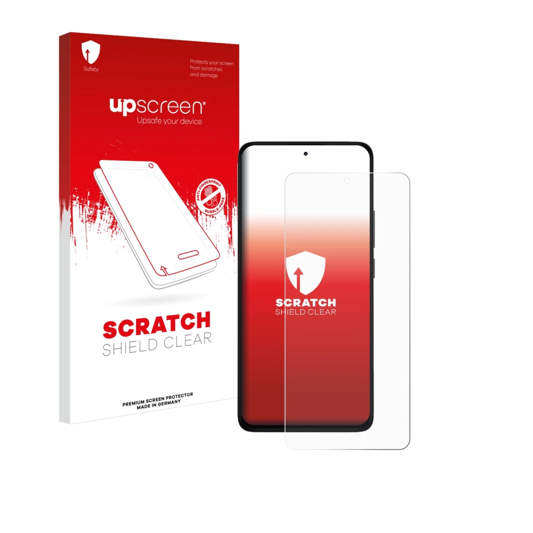 Parte frontal de un envase de producto con el logotipo de la marca upscreen. Al lado se muestra el dispositivo Xiaomi Redmi No