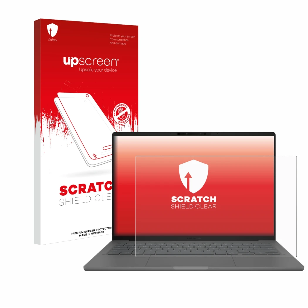 Parte frontal de un envase de producto con el logotipo de la marca upscreen. Al lado se muestra el dispositivo ASUS ZenBook A1