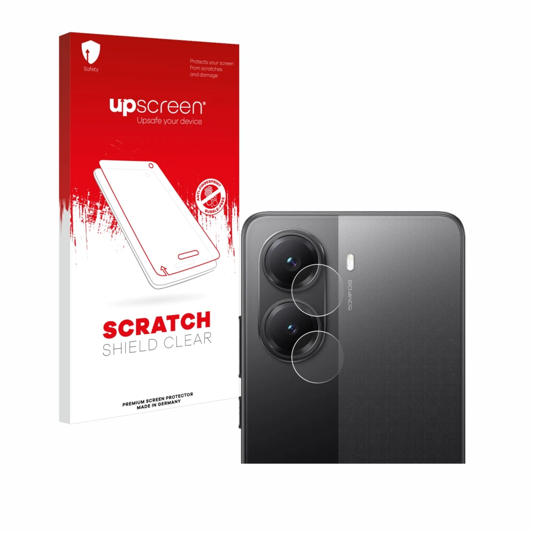 Parte frontal de un envase de producto con el logotipo de la marca upscreen. Al lado se muestra el dispositivo Xiaomi Poco X7 
