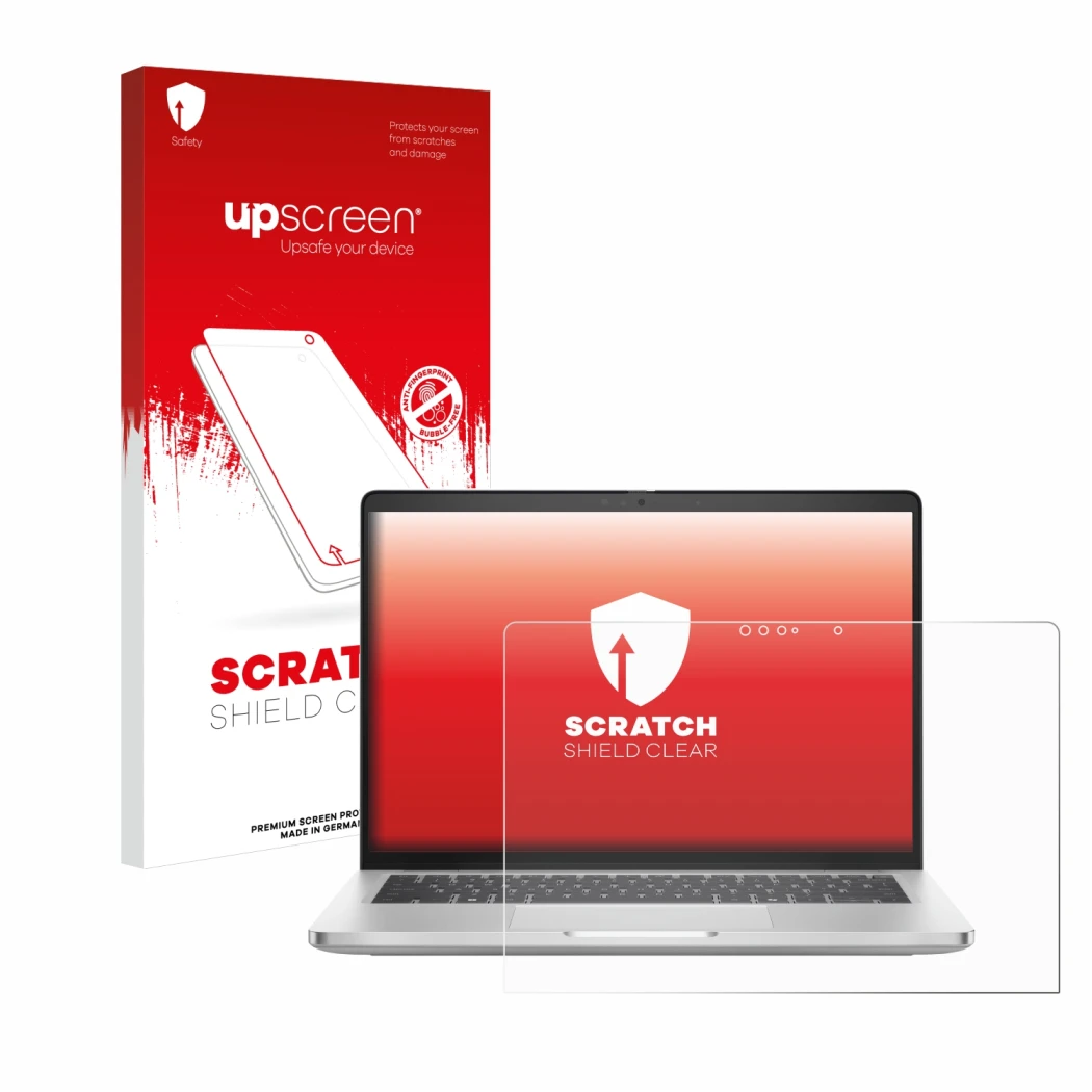 Parte frontal de un envase de producto con el logotipo de la marca upscreen. Al lado se muestra el dispositivo Dell Pro 14 Plu